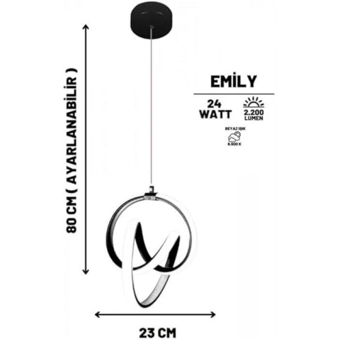Siyah modern sarkıt led avize, 30 cm çapında, şık aydınlatma