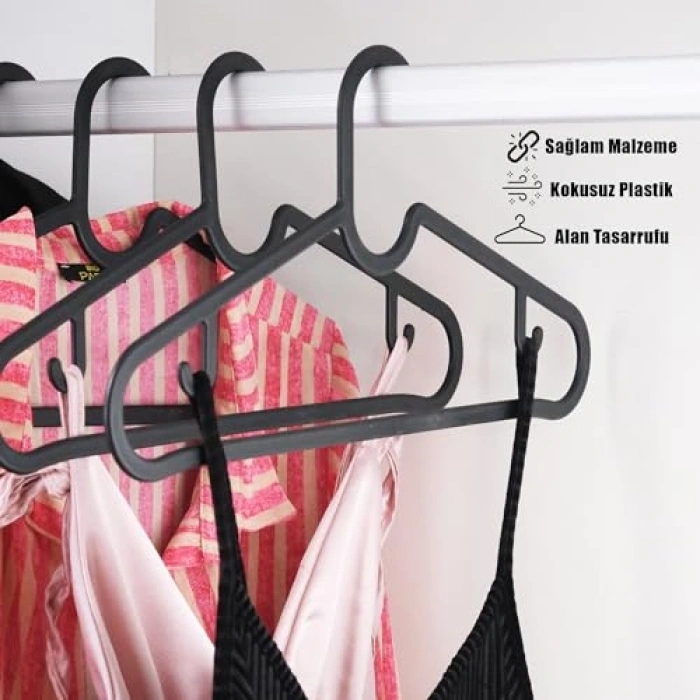 Siyah Slim Elbise Askısı, 10 Adet Set