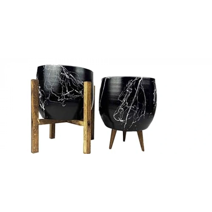 Siyah Üzeri Beyaz Mermer Saksı, İkili Set, 19 cm