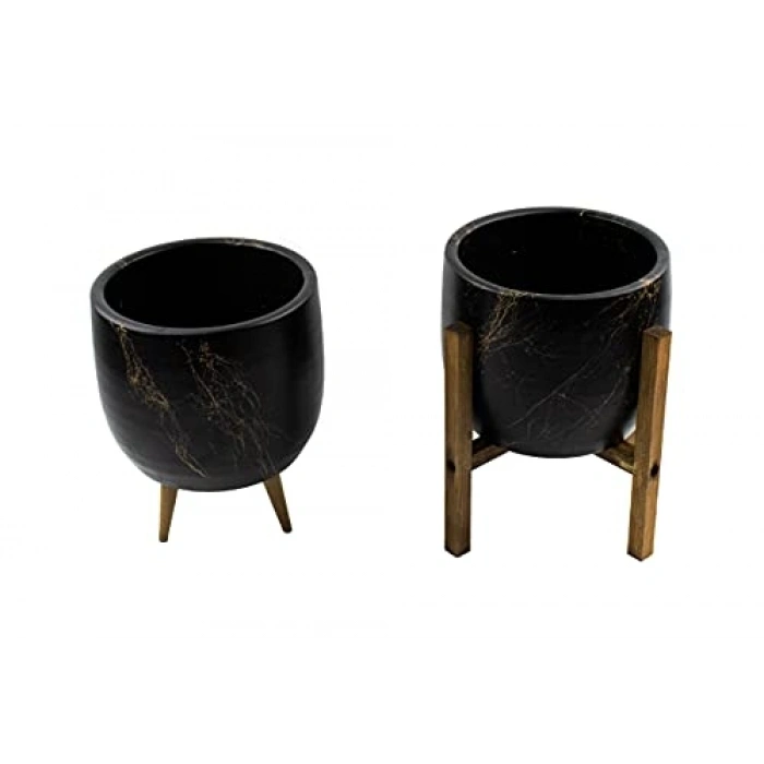 Siyah Üzeri Gold Mermer Efektli Saksı, İkili Set, 19 cm