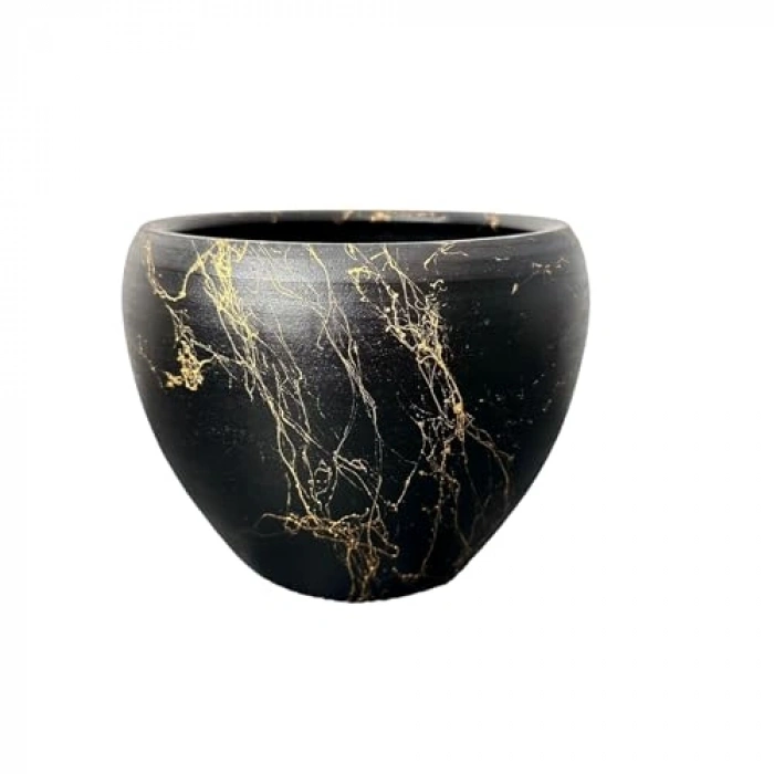 Siyah Üzeri Gold Mermer Saksı, 15 cm Tekli Çiçeklik