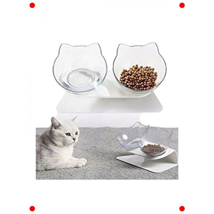 Standlı Kedi Kafalı Şeffaf Mama Kabı 2li
