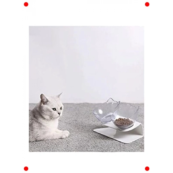 Standlı Kedi Kafalı Şeffaf Mama Kabı 2li