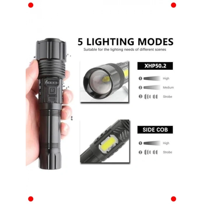 Su Geçirmez USB Şarjlı Taktik El Feneri