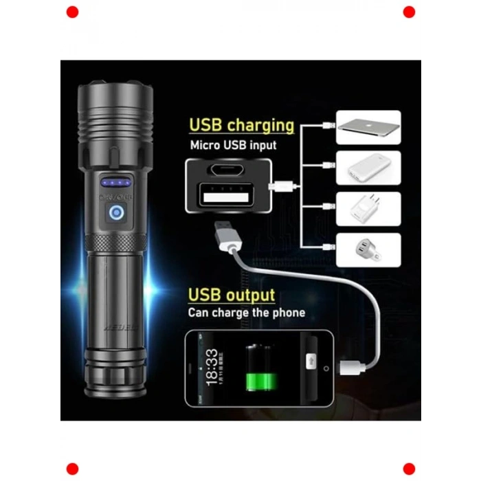 Su Geçirmez USB Şarjlı Taktik El Feneri