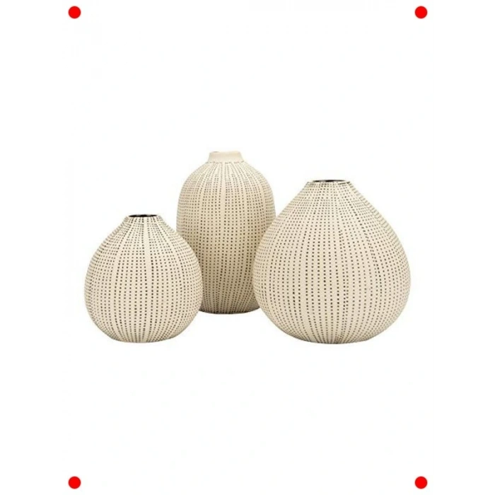 Taş Desenli Siyah Puantiyeli Vazo Seti - 3 Parça