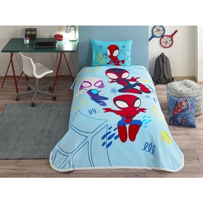 Tek Kişilik Pamuk Nevresim Takımı, Mavi, Spidey Temalı