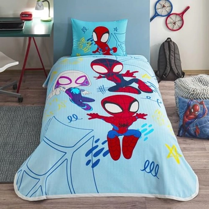 Tek Kişilik Pamuk Nevresim Takımı, Mavi, Spidey Temalı