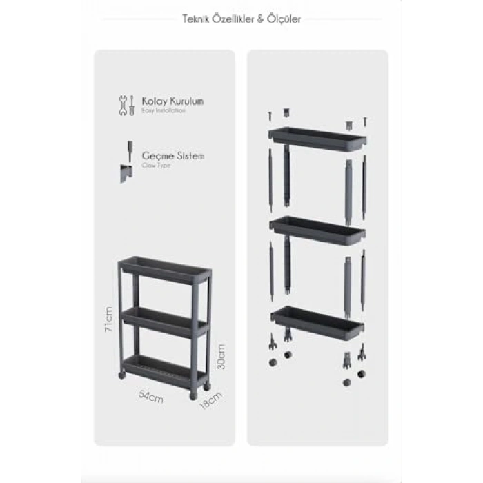 Tekerlekli 3 Katlı Raf Ünitesi, Mutfak ve Banyo İçin Organizer