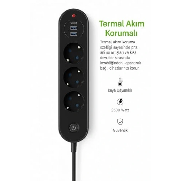 Termal Akım Korumalı 3lü Priz, 2500W Güç ve USB Girişleriyle