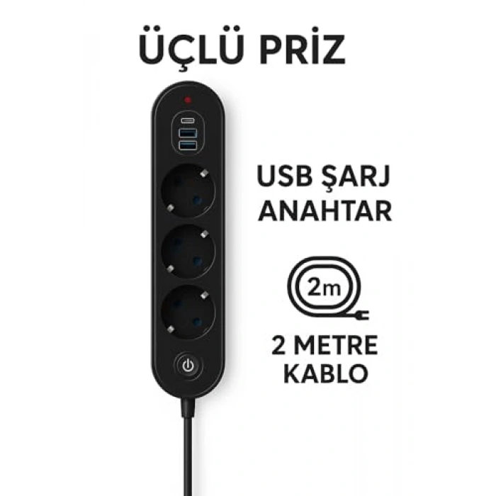 Termal Akım Korumalı 3lü Priz, 2500W Güç ve USB Girişleriyle