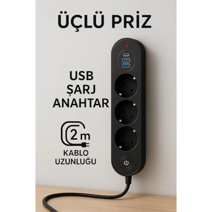 Termal Akım Korumalı 3lü Priz, 2500W Güç ve USB Girişleriyle