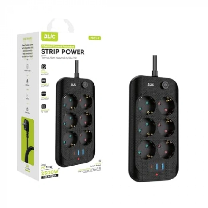 Termal Akım Korumalı 6lı Priz, 2x USB ve 1x Type-C Girişi