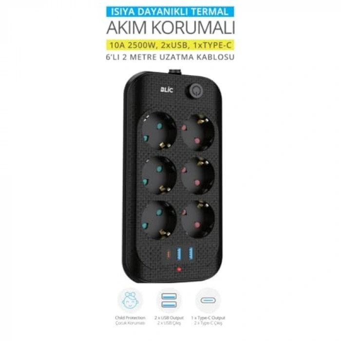 Termal Akım Korumalı 6lı Priz, 2x USB ve 1x Type-C Girişi