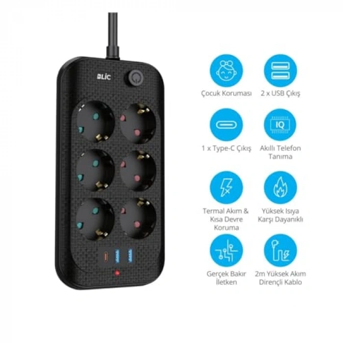 Termal Akım Korumalı 6lı Priz, 2x USB ve 1x Type-C Girişi