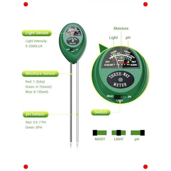 Toprak Nem, pH ve Işık Ölçer 3ü 1 Arada
