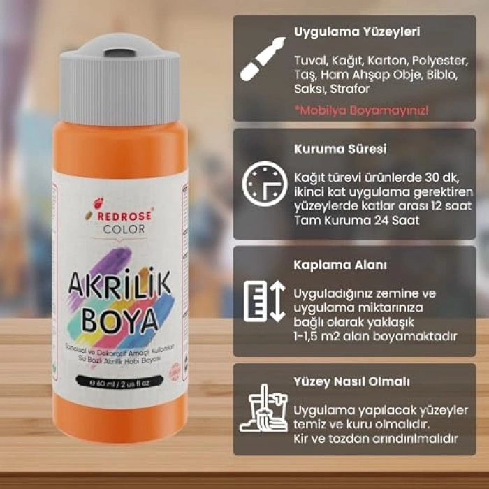 Turuncu Akrilik Boya, 60ml, Parlak ve Canlı Renk Seçeneği