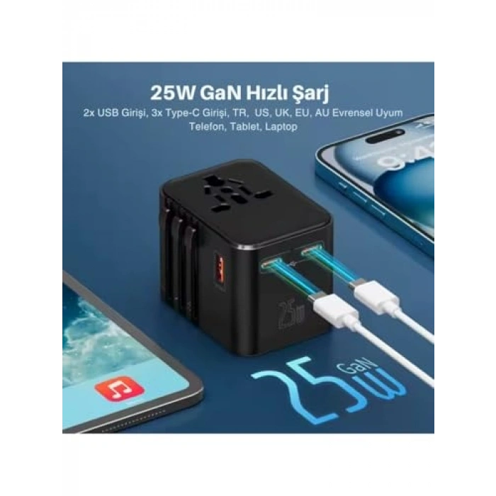 Universal Seyahat Adaptörü, 25W Hızlı Şarj, 3 Çıkışlı
