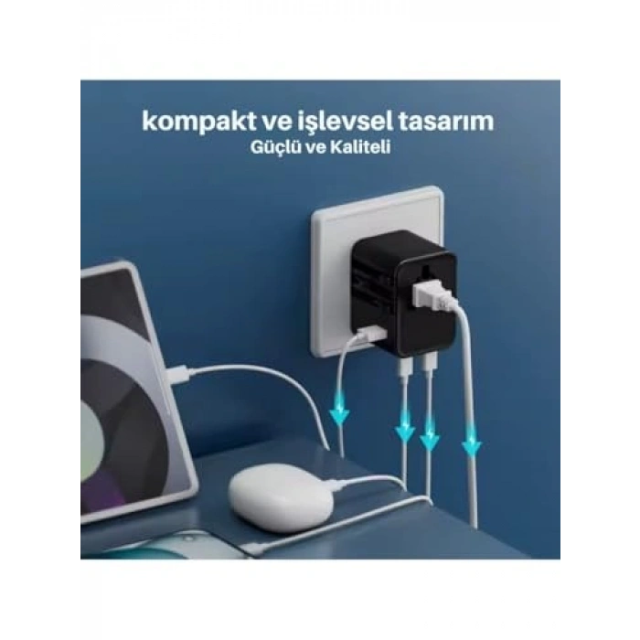 Universal Seyahat Adaptörü, 25W Hızlı Şarj, 3 Çıkışlı