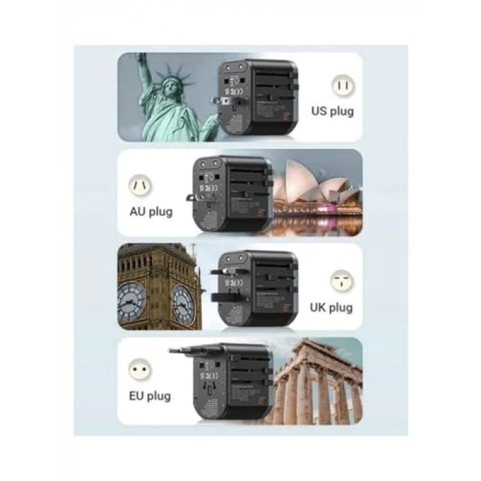 Universal Seyahat Adaptörü, 25W Hızlı Şarj, 3 Çıkışlı