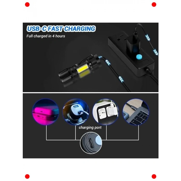 USB Şarjlı Mini LED El Feneri (3 Modlu)