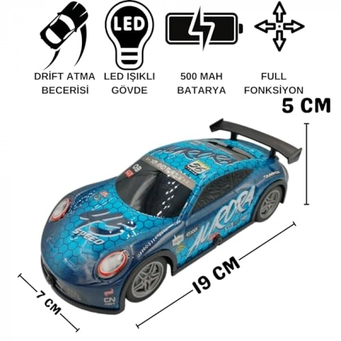 Uzaktan Kumandalı Drift Arabası, 1:22 ölçek, LED ışıklı mavi model