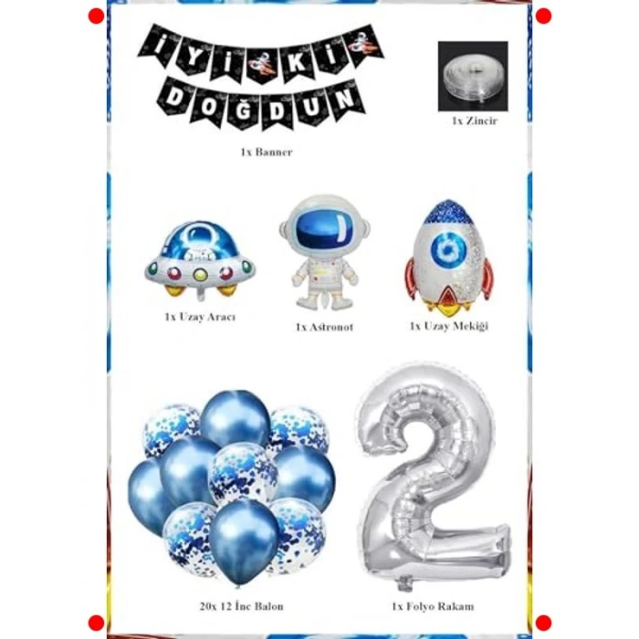 Uzay Temalı 2 Yaş Doğum Günü Balon Seti