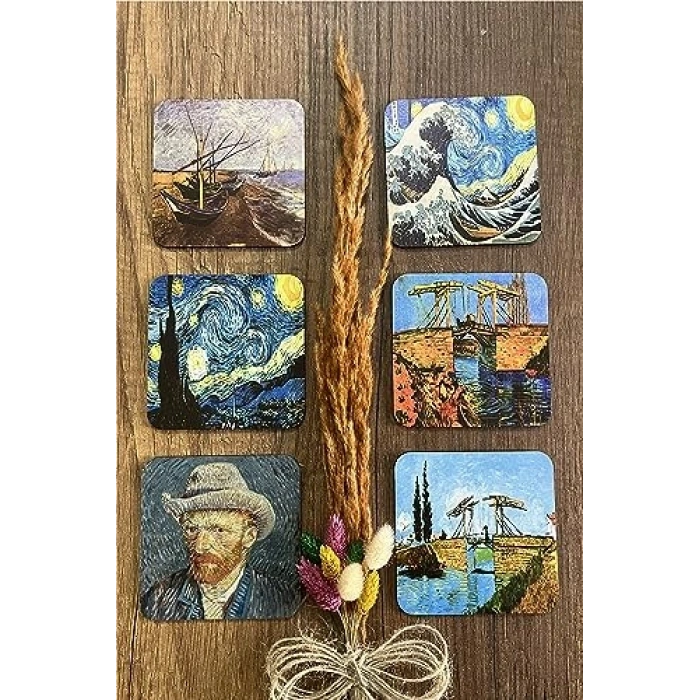 Van Gogh Temalı Ahşap Bardak Altlığı, 6lı Set ile Tasarım