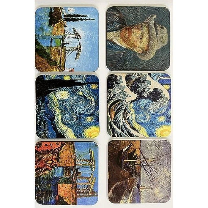 Van Gogh Temalı Ahşap Bardak Altlığı, 6lı Set ile Tasarım