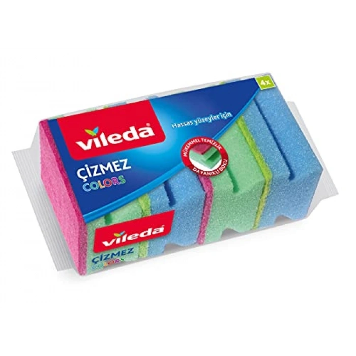 Vileda 169750 Colors Çizmez Sünger 4lü Oluklu, Yeşil-Mavi-Pembe