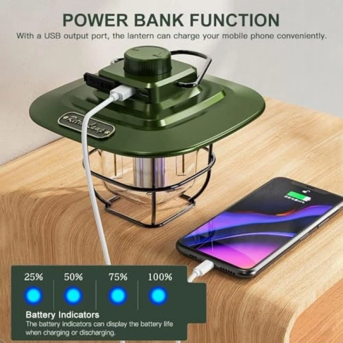 Vintage LED Kamp Lambası, Su Geçirmez Yapı ile 5000 mAh Kapasite