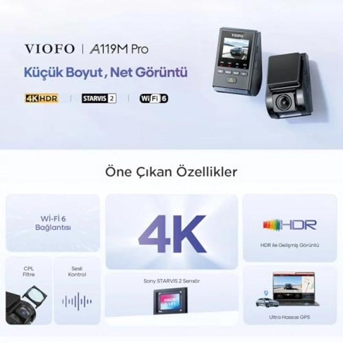 VIOFO A119M  4K HDR Sony VIS 2 Sensörlü Wi-Fi 6 GPSli Araç Kamerası