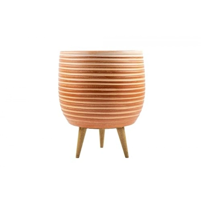 Yan Çizgi Desenli 19 cm Toprak Saksı, 3 Ayaklı