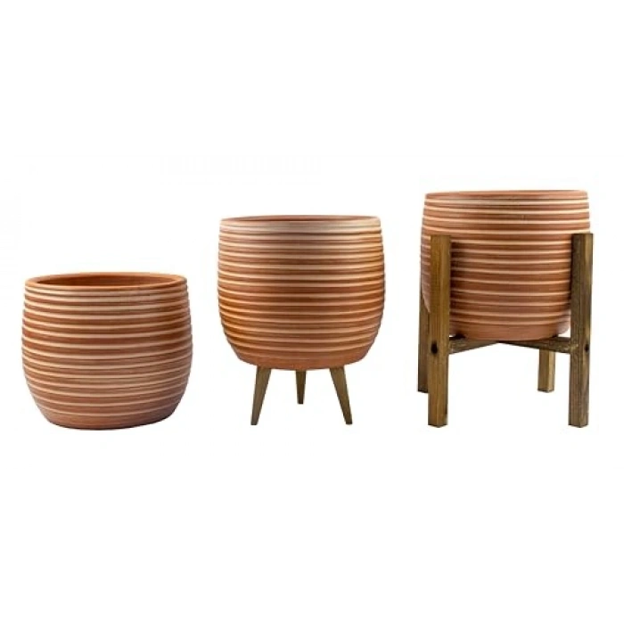 Yan Çizgi Desenli Saksı, Üçlü Set, 19 cm