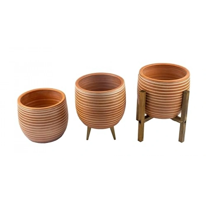 Yan Çizgi Desenli Saksı, Üçlü Set, 19 cm