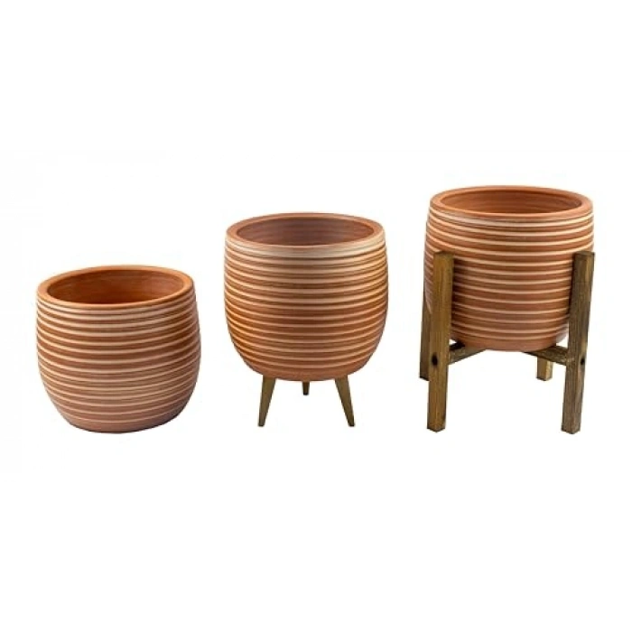 Yan Çizgi Desenli Saksı, Üçlü Set, 19 cm