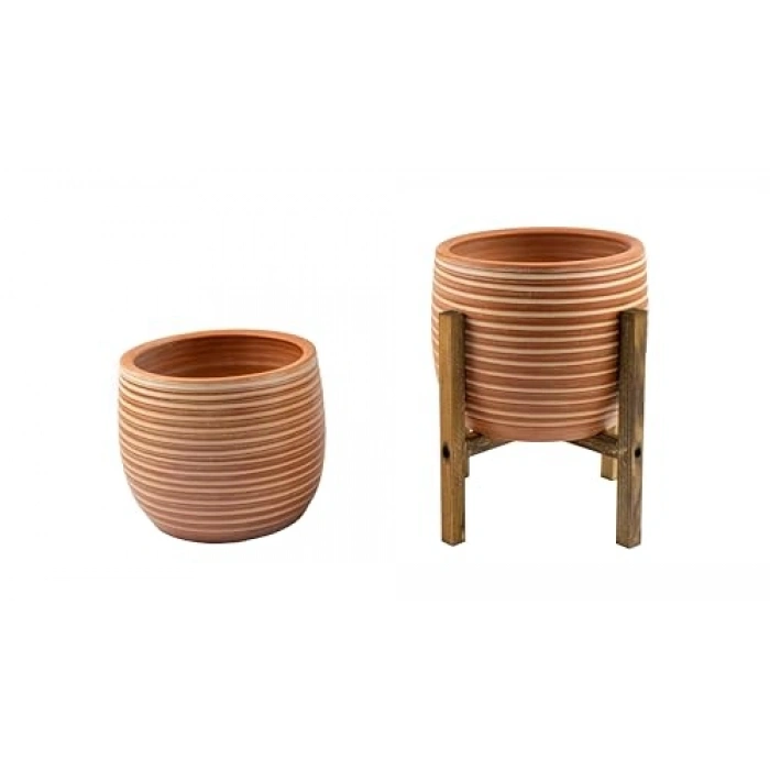 Yan Çizgi Desenli Terrakota Toprak Saksı, 15 cm İkili Set