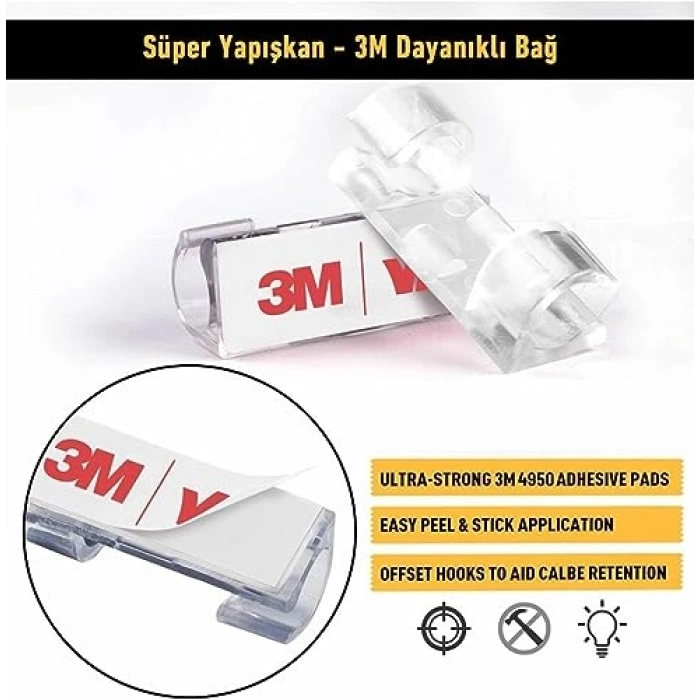 Yapışkanlı Kablo Sabitleyici Klips, 20 Adet Set