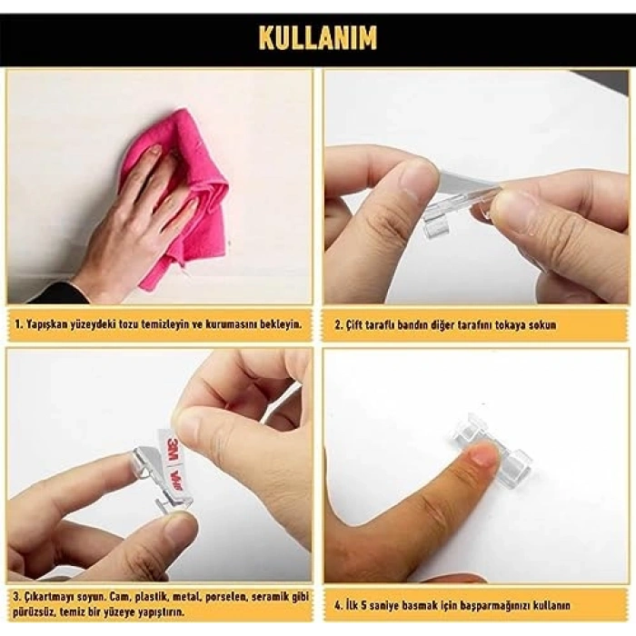 Yapışkanlı Kablo Sabitleyici Klips, 20 Adet Set