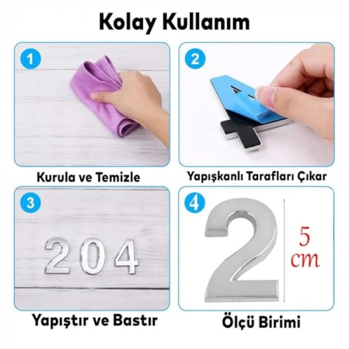 Yapışkanlı Kapı Numarası, 50 mm, Krom Renk, Numara 2