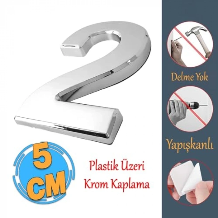 Yapışkanlı Kapı Numarası, 50 mm, Krom Renk, Numara 2