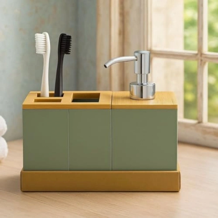 Yeşil Banyo Seti, Bambu Kapaklı ve Çok Gözlü Organizer