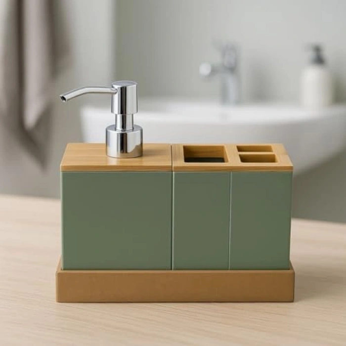 Yeşil Banyo Seti, Bambu Kapaklı ve Çok Gözlü Organizer