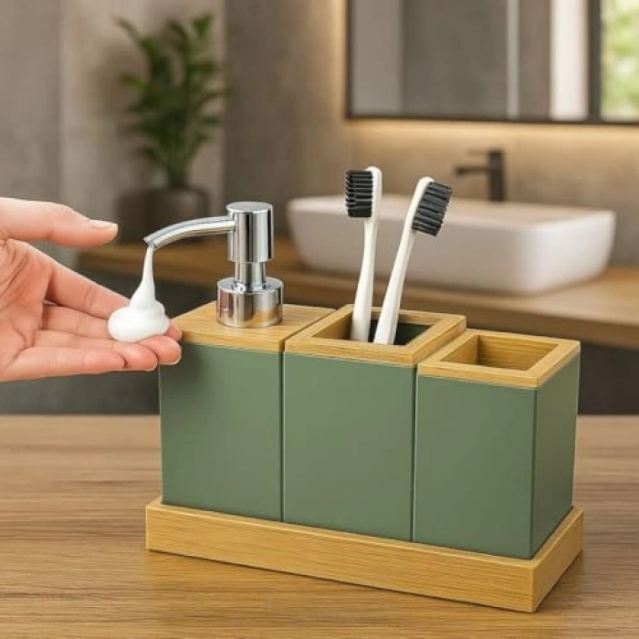 Yeşil Banyo Seti, Bambu Kapaklı ve Çok Gözlü Organizer