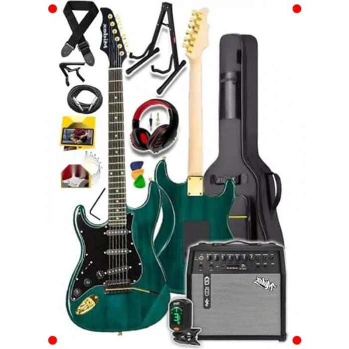 Yeşil Elektro Gitar Seti 50W Şarjlı BT Amfi Kulaklık