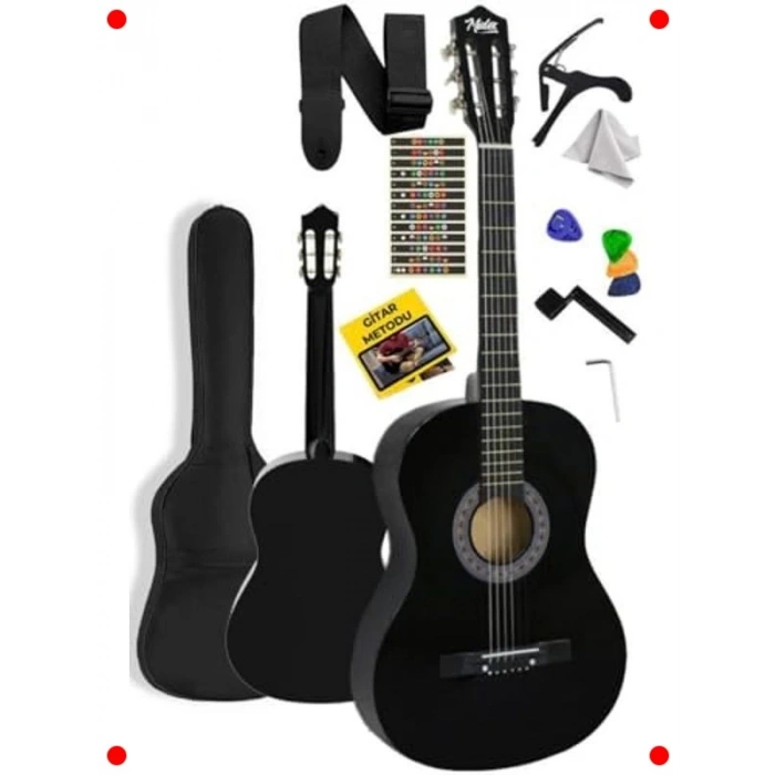 Yetişkin Klasik Gitar 4/4 - Ayarlı Sap - Siyah Tam Set