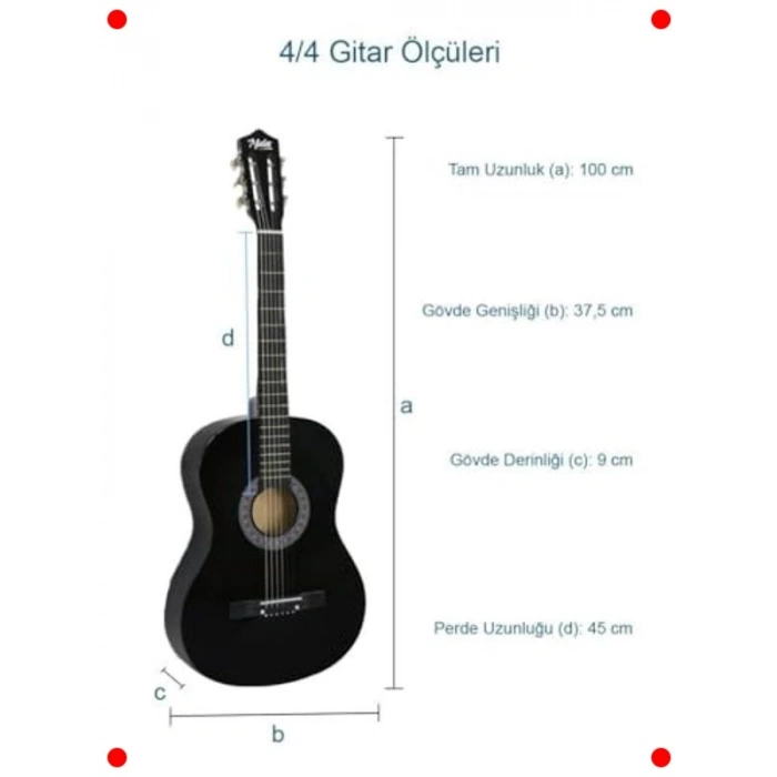 Yetişkin Klasik Gitar 4/4 - Ayarlı Sap - Siyah Tam Set