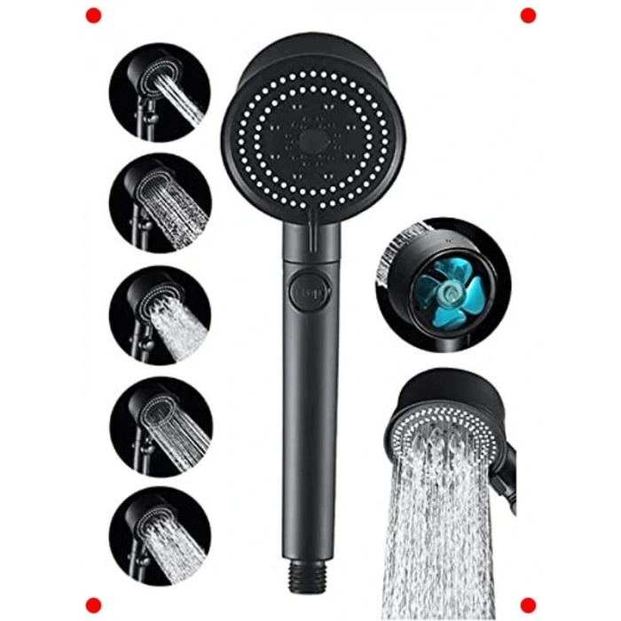 Yüksek Basınçlı Mat Siyah Duş Başlığı, 5 Fonksiyonlu