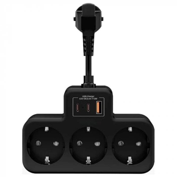 Yüksek Voltaj Korumalı Duvar Prizi, 3 Soket ve USB Girişleriyle