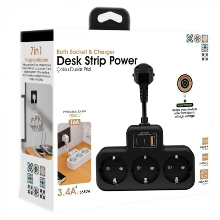 Yüksek Voltaj Korumalı Duvar Prizi, 3 Soket ve USB Girişleriyle